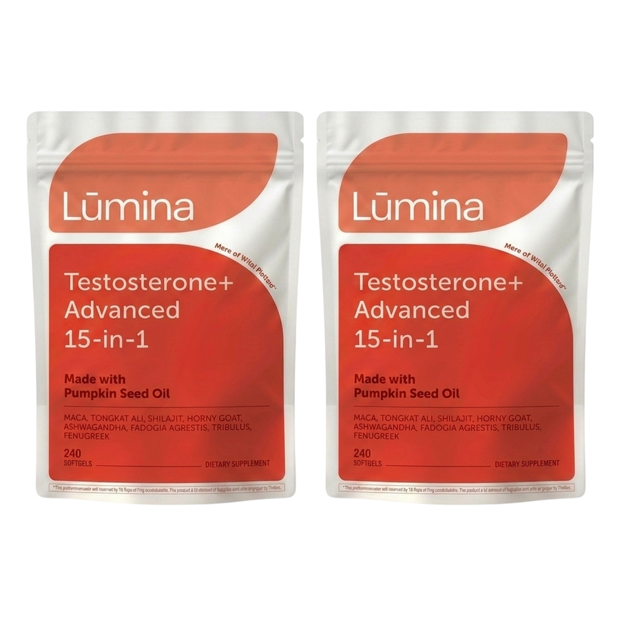 Two pouches of Lūmina Testosterone+ Advanced 15-in-1