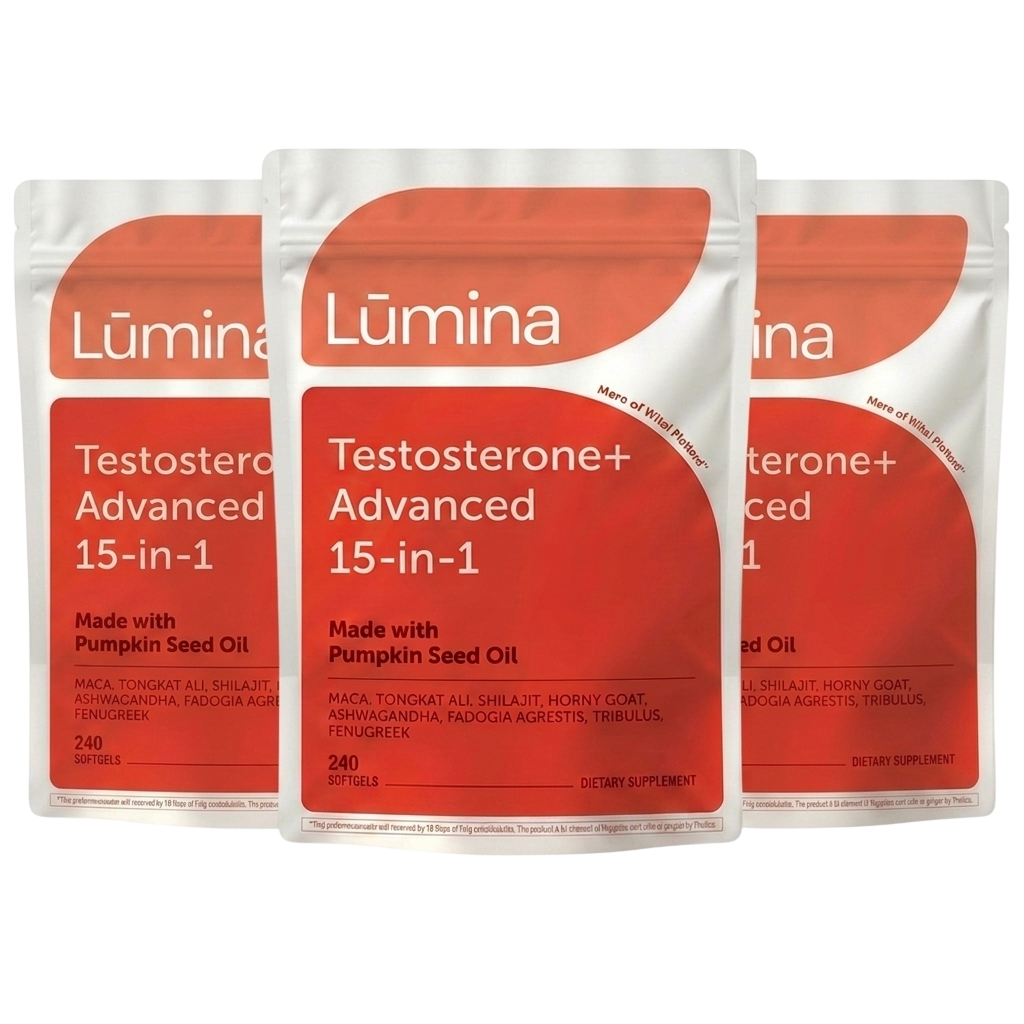Three pouches of Lūmina Testosterone+ Advanced 15-in-1 softgels